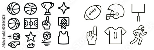 Sports icons showcasing basketball and football elements with playful designs suitable for various activities