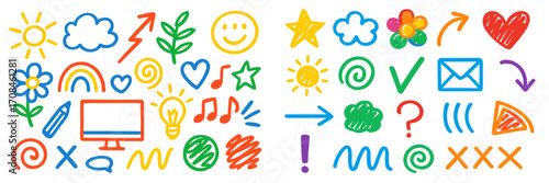 Colorful doodles of various shapes and symbols in bright hues capturing playful creativity on a sunny day