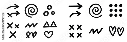 Patterns of simple shapes and lines in black and white suitable for creative design projects