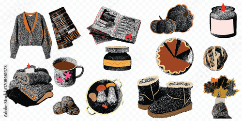 trendy Cozy autumn illustration set .Retro stipple halftone textured style with vintage collage Perfect for cozy fall vibes, hygge design, greeting cards, stickers, posters, and seasonal branding
