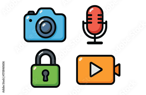 Creative tools for content creation including camera, microphone, lock, and video player icons for digital media projects
