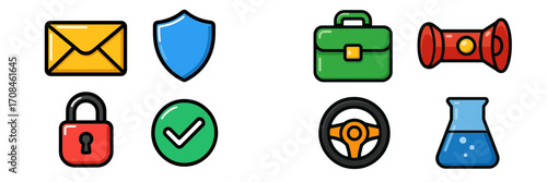 Colorful icons representing communication, security, and work tools arranged in a clean, organized layout on a white background for digital design