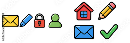 Communication and security icons representing digital interaction in a home office setup