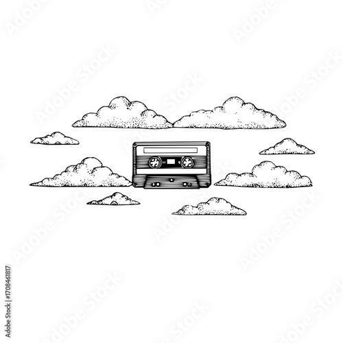 Vintage cassette tape in the clouds drawing, music audio storage media, retro technology illustration art print