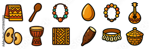 Colorful collection of traditional instruments and handmade crafts from cultural heritage exhibition