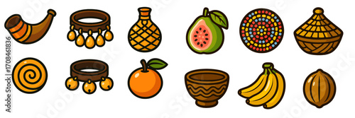 Colorful collection of decorative fruits and artifacts arranged in a vibrant display for a festive market setting