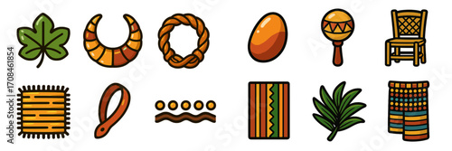 Colorful collection of tribal-inspired designs with various cultural symbols and items displayed together creatively