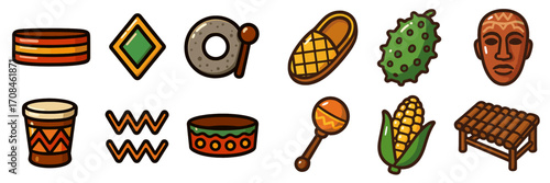 Traditional African symbols and instruments displayed in vibrant colors and diverse shapes