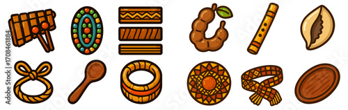 Colorful musical instruments and decorative items displayed on a wooden surface