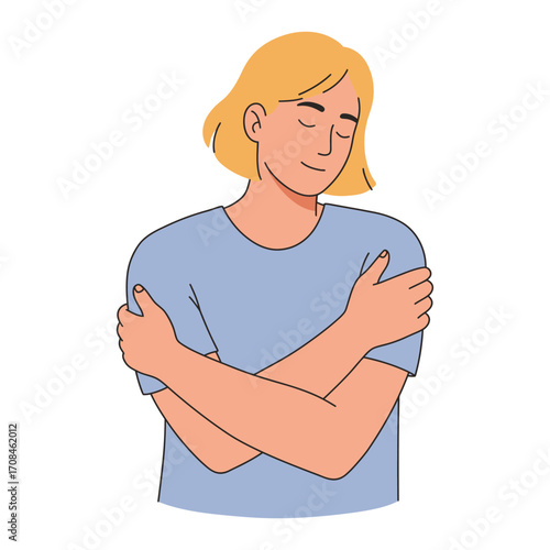 A young woman with short blonde hair and closed eyes embraces herself with her arms crossed, conveying a sense of self-love and inner peace