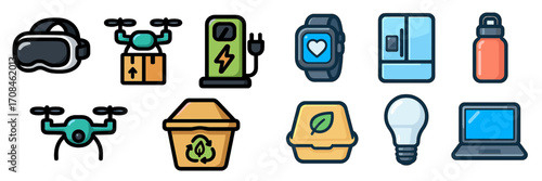 Modern technology and gadgets displayed in a vibrant design showcasing innovation and sustainability