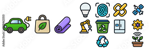 Exploring sustainable technology through eco-friendly icons and symbols representing green energy and recycling methods