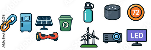 Collection of various icons representing sustainable technology and energy-efficient devices in a modern design