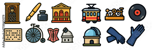 Collection of vintage items featuring a pen, music records, a bicycle, and architectural designs from a historic era
