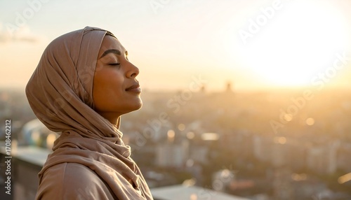A serene woman in a headscarf closes her eyes, enjoying the golden sunlight over a cityscape at dawn/dusk