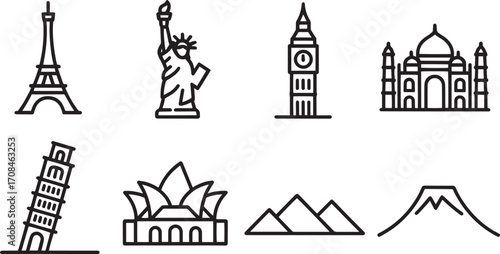 Iconic Landmarks Around the World A Collection of Famous Architectural Wonders in Simple Line Art Style