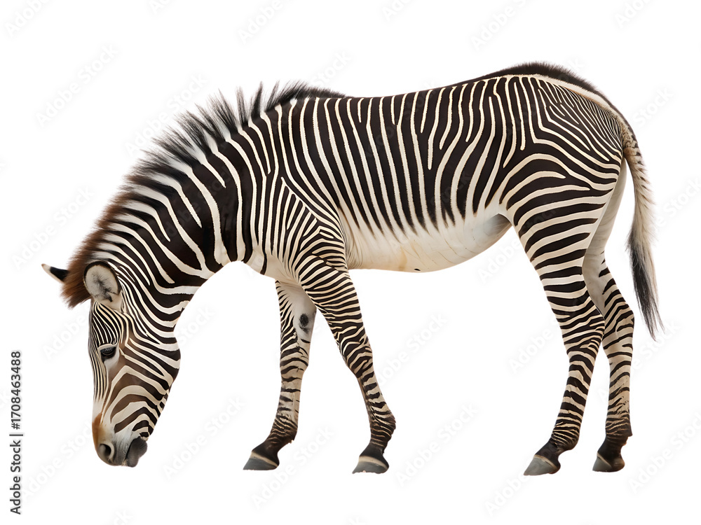 Fototapeta premium Grevy Zebra grazing isolated on black background