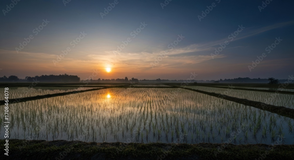 Obraz premium Sunrise over a flooded rice paddy