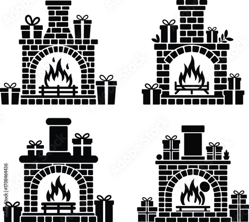 Four festive fireplace silhouettes with gift boxes and crackling flames for holiday decor