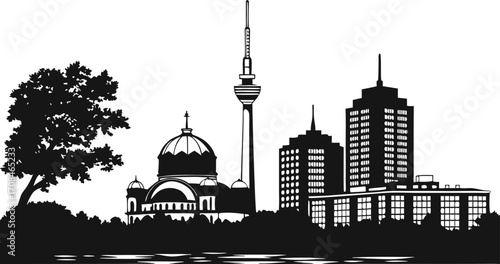 Vector art of silhouette of the city of berlin with palm trees and skyscrapers for travel concept design