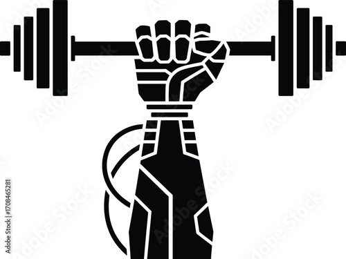 Robotic arm silhouette gripping heavy barbell for futuristic fitness strength training