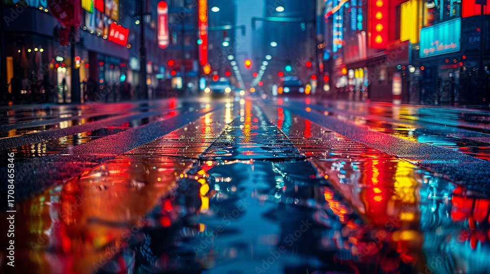Fototapeta premium Wet city crosswalk at dusk reflecting colorful ambient light from shops and traffic, with strong perspective and moody urban atmosphere