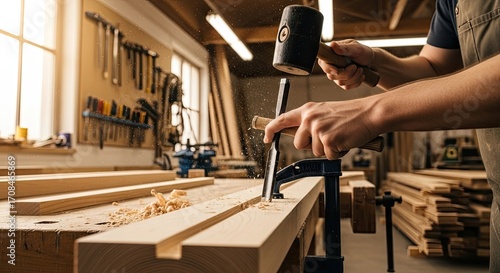A person using a hammer and chisel in a workshop, with tools and wood visible in the background.