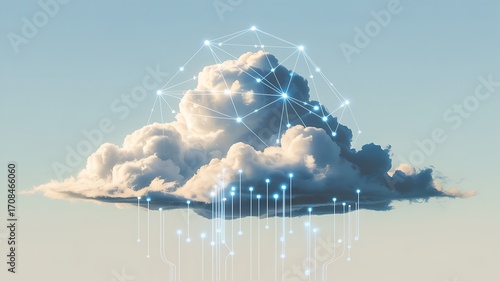 Conceptual digital cloud computing illustration featuring network connections and data transfer with illuminated elements