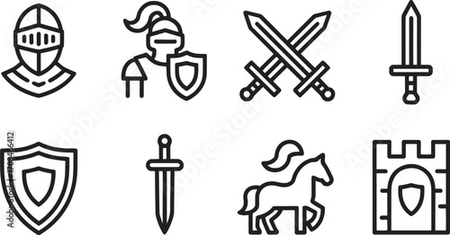 Medieval Kingdom Icons Set Knight Helmet, Warrior, Swords, Shield, Horse, and Castle Outlines on Transparent
