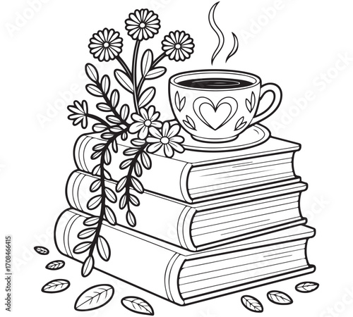 Beautiful lineart illustration of an elegant teacup with flowers on top of books