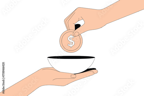 Giving a coin to someone holding a bowl, representing charity and donation