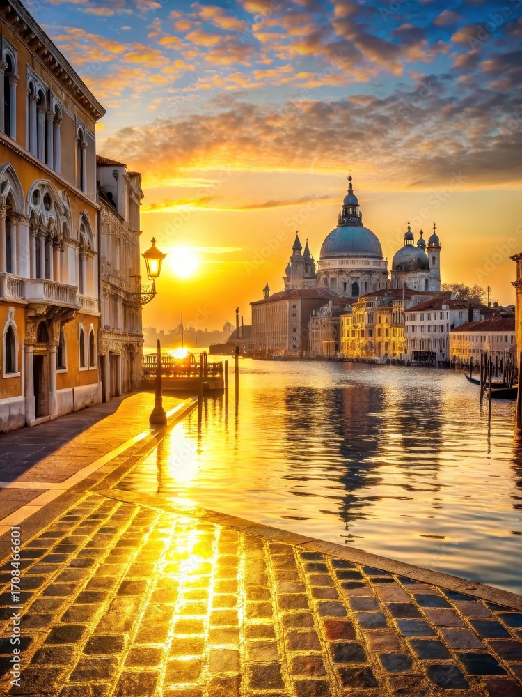 Fototapeta premium Mosaic Street in Venice during sunrise with golden light on water