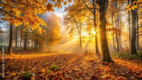 Golden hues of sunrise peeking through misty autumn leaves in a forest clearing