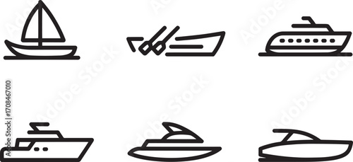 Nautical Vessels Icons Set Outline Style Sailboat Motorboat Yacht Cruise Ship Speedboat Watercraft