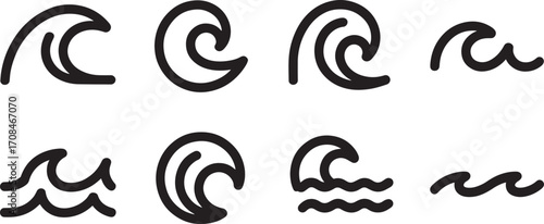 Ocean Wave Line Art Collection Simple Water Graphic Design Element Isolated on Transparent Background