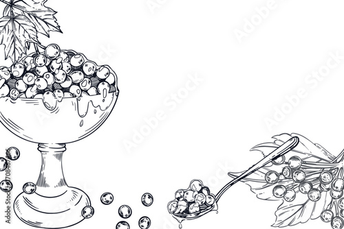 Vector frame viburnum jam, viburnum, bowl with berries, teaspoon with jam, leaves. All objects are hand-drawn with ink. The illustration is suitable for decorating the packaging of products, goods. 