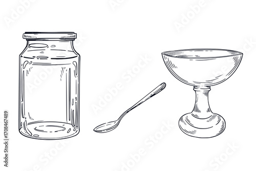 A set of vector illustrations. Dishes, an empty jar for preservation, a teaspoon, a vase for jamming. All objects are hand-drawn with ink. For design, decor of product packaging. 