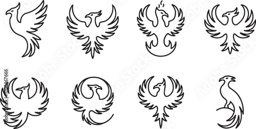 Phoenix Bird Line Art Collection Simple Graphic Design Element Isolated on Transparent Background