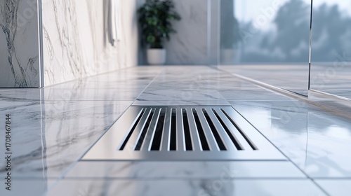 Close up of modern shower drain on marble bathroom floor