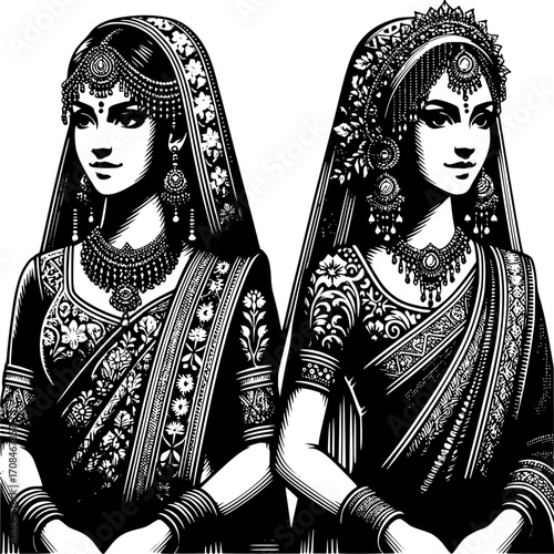 Artistic Embellishments: Captivating illustration showcasing two ladies adorned in elegant traditional attire, their faces exuding serenity amidst the intricately designed ornaments and dress.