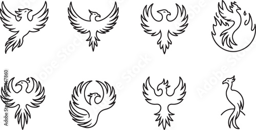 Phoenix Bird Line Art Collection Simple Graphic Design Element Isolated on Transparent Background