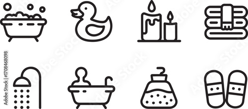 Relaxing Spa Icons Set Bathtub Duck Candles Towels Shower Soap Slippers Wellness
