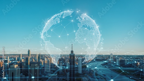 Digital globe connecting urban landscapes illustrating global communication networks and technological advancement