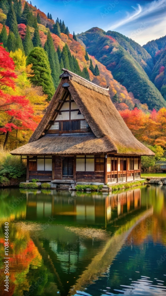Fototapeta premium Traditional Japanese thatched-roof cottage with a wooden beam structure against a backdrop of vibrant autumn foliage and a serene mountain lake