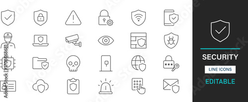 Minimalist line security icons pack. Lock, shield, firewall, encryption, password, antivirus, camera, safe, key, identity, authentication and editable icons.