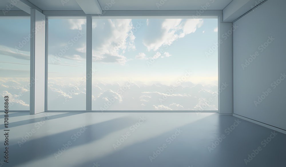 Fototapeta premium Modern Empty Office Space with Panoramic Sky Views