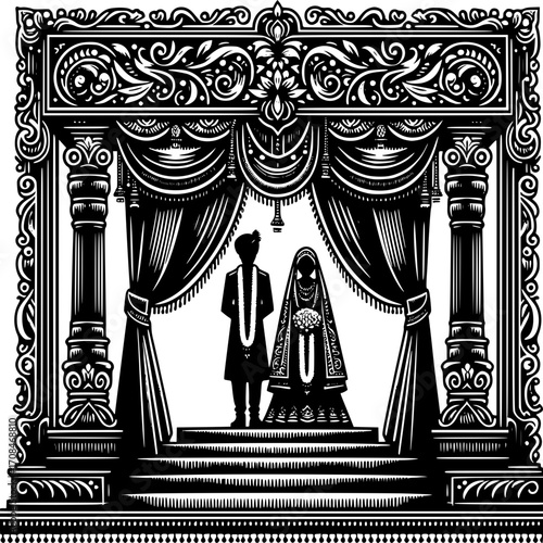 Wedding Ceremony Illustration: Intricate black and white illustration of a bride and groom, set against a detailed architectural backdrop, ready to begin their new chapter. 