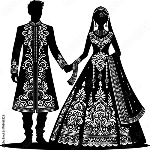 Elegant Wedding Silhouette: A beautifully detailed silhouette captures the essence of love and tradition, featuring a groom in an ornate jacket and a bride adorned in an intricate gown.