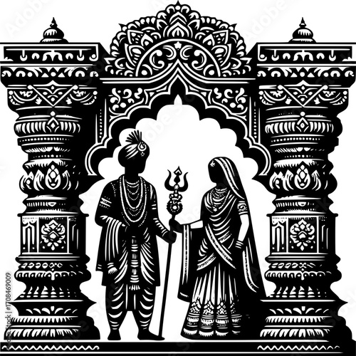 Hindu Wedding Silhouette: An intricate, photorealistic illustration depicting a silhouetted Hindu couple, hands intertwined, poised beneath a traditional, ornately carved archway.