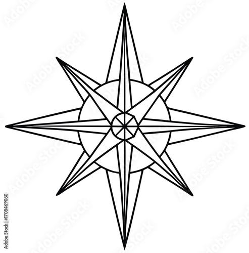 A vector compass rose with a golden star in the center, a symbol for travel and adventure